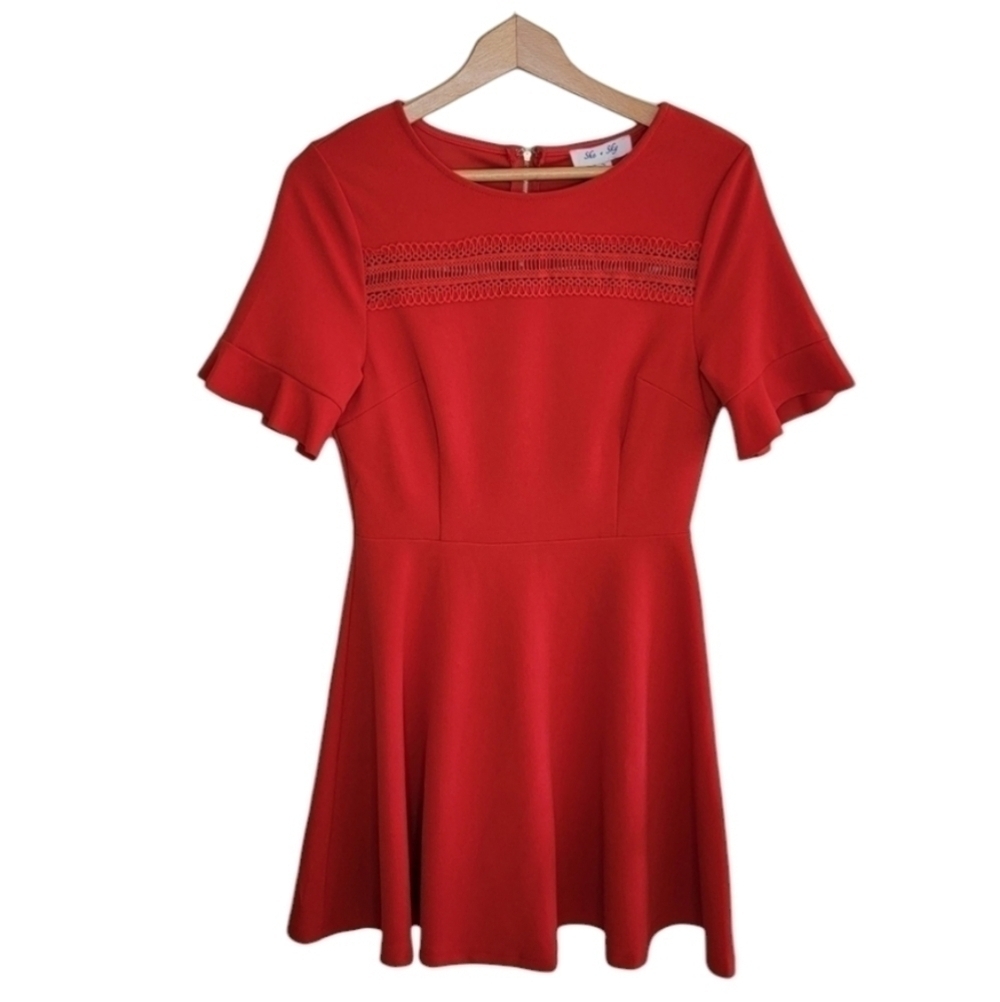 She + Sky Red A-line Dress with Crochet Lace Detail Size Small